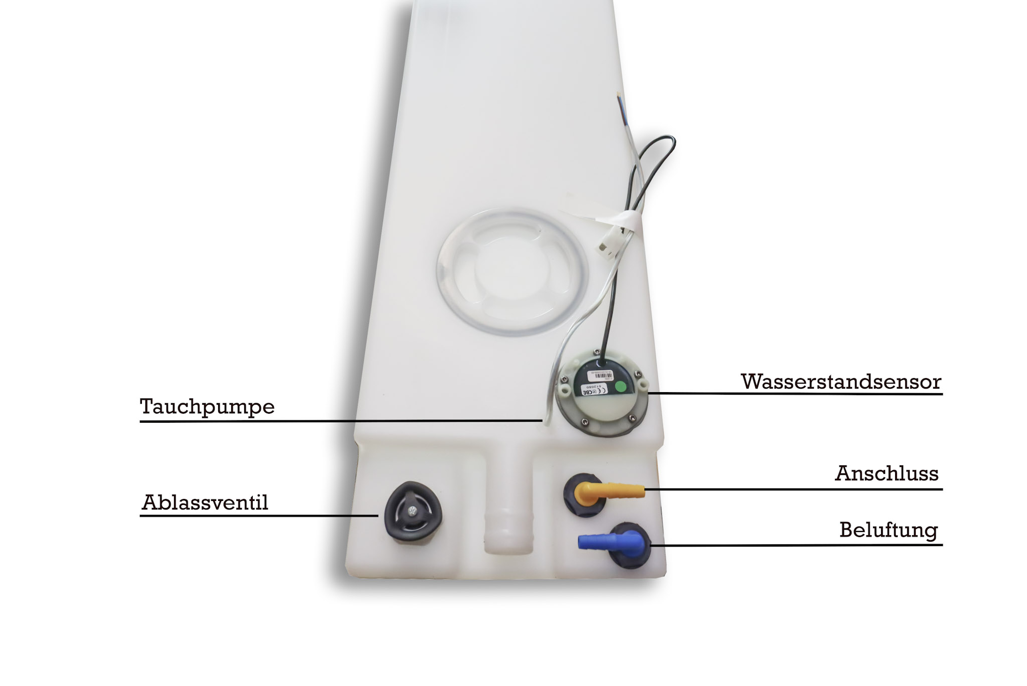 Frischwasser Radkasten ca. 90 Liter mit Ablassventil und Tauchpumpe,Tankgeber mit Kabel und Stecker, unmontiert